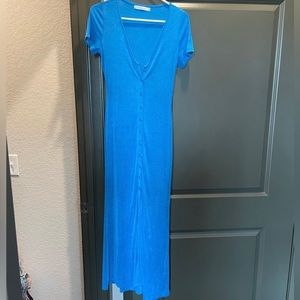 Blue button down maxi dress, short sleeve and stretchy